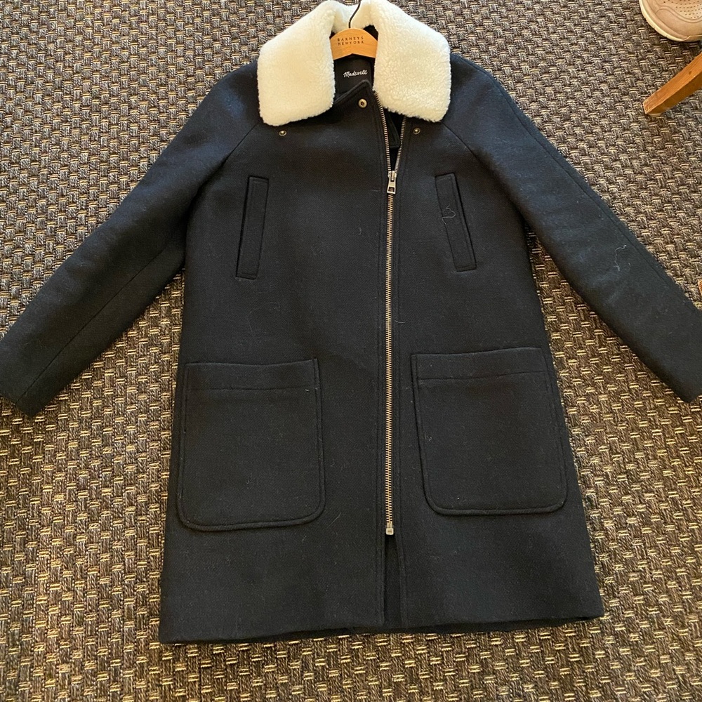 Madewell Navy Herringbone 3/4 Pea Coat with Cream Shearling Collar